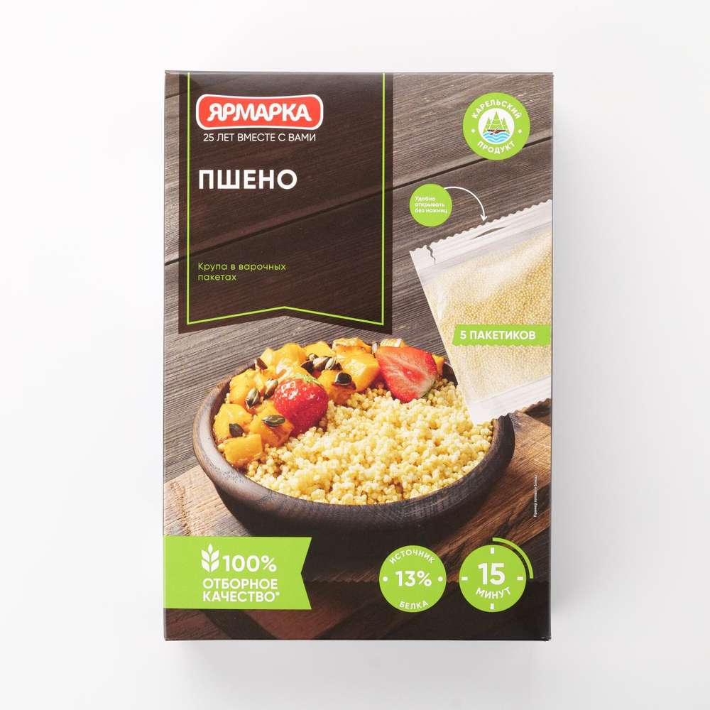Box of Yarmarka wheat product with a bowl of food on a white background