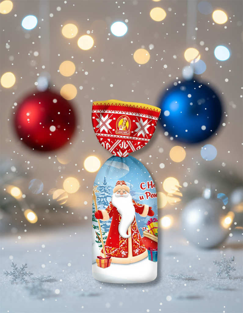 Decorative candy bag with Santa Claus design and festive pattern on a white background
