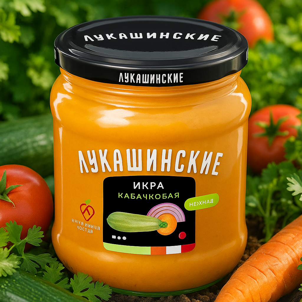 Jar of 'Лукашинские' fish roe surrounded by vegetables on a green background