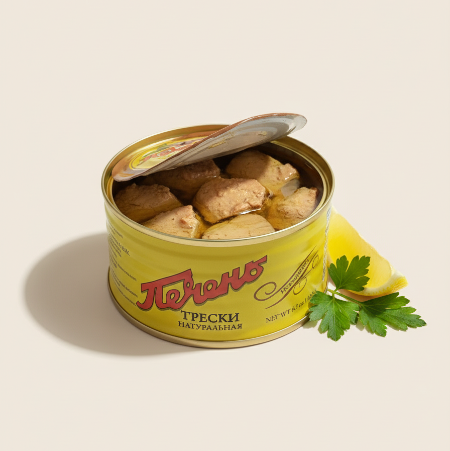 Open can of fish with a lemon wedge and parsley on a beige background
