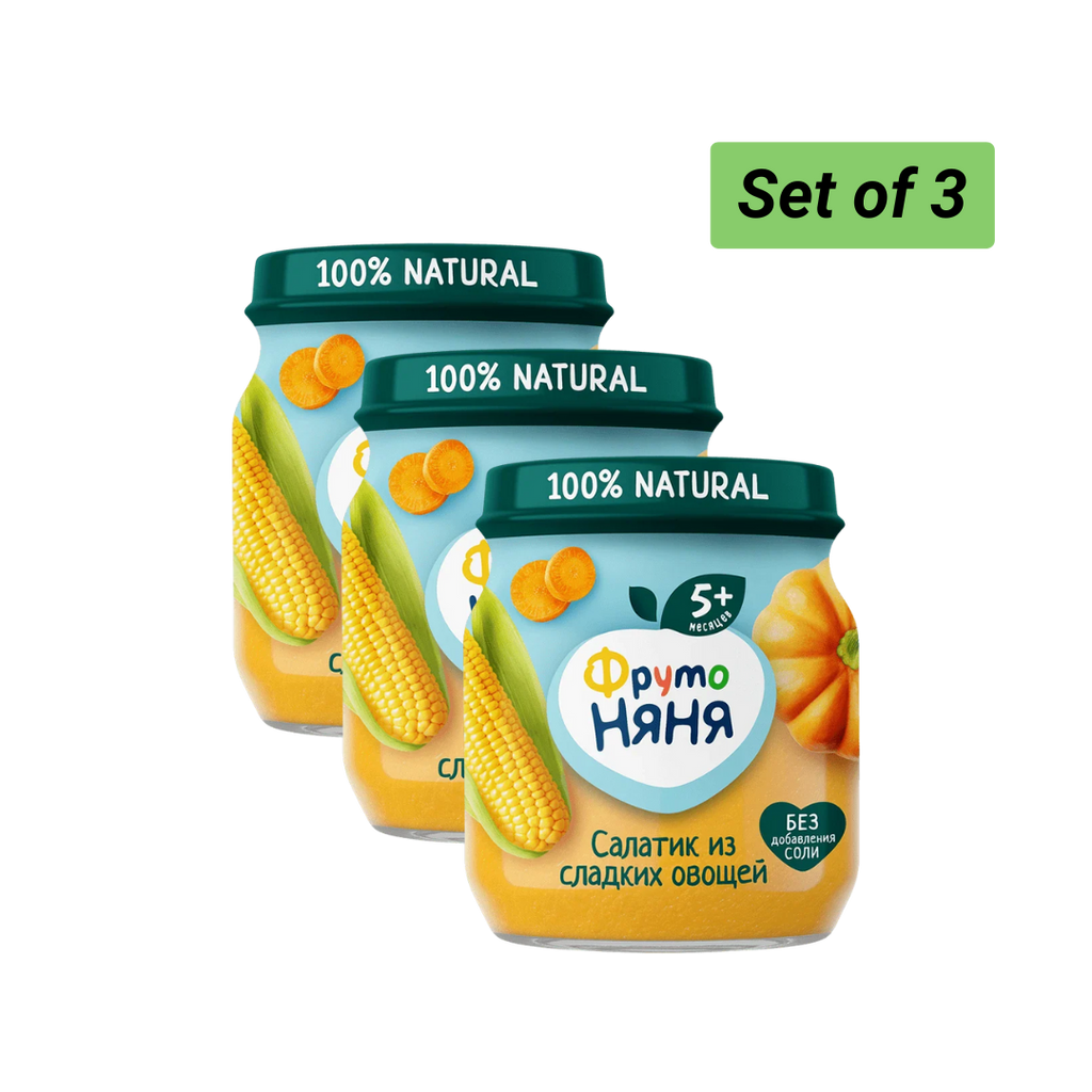 Set of three baby food jars with corn and pumpkin, branded 'FrutoNyanya'