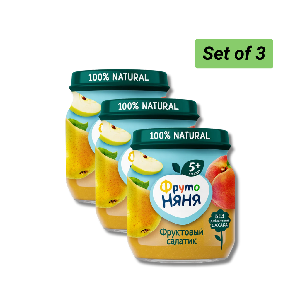 Set of three jars of fruit salad  FrutoNyanya with pear and peach, labeled '100% Natural' on a white background.