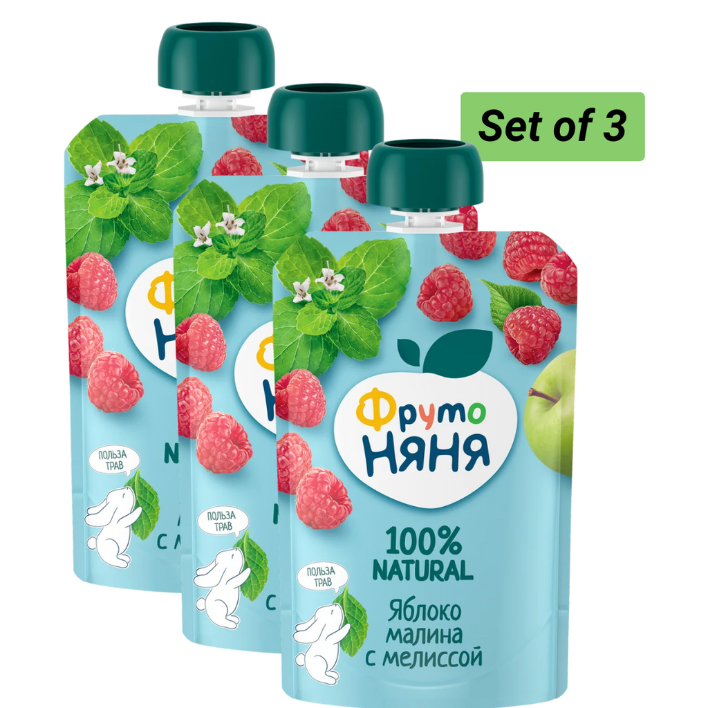 Three-pack of children's fruit pouches with raspberries and apples on a blue background, featuring the brand FrutoNyanya