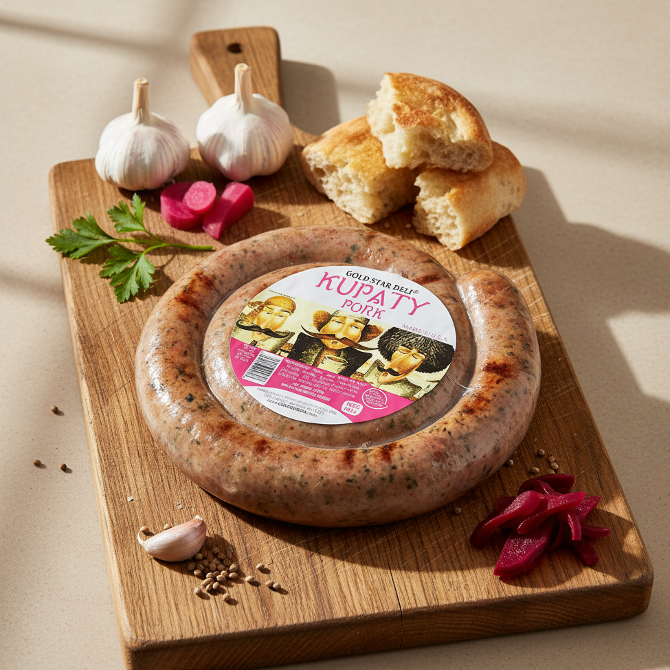 Kupaty pork sausage on a wooden cutting board with garlic, bread, and radishes.