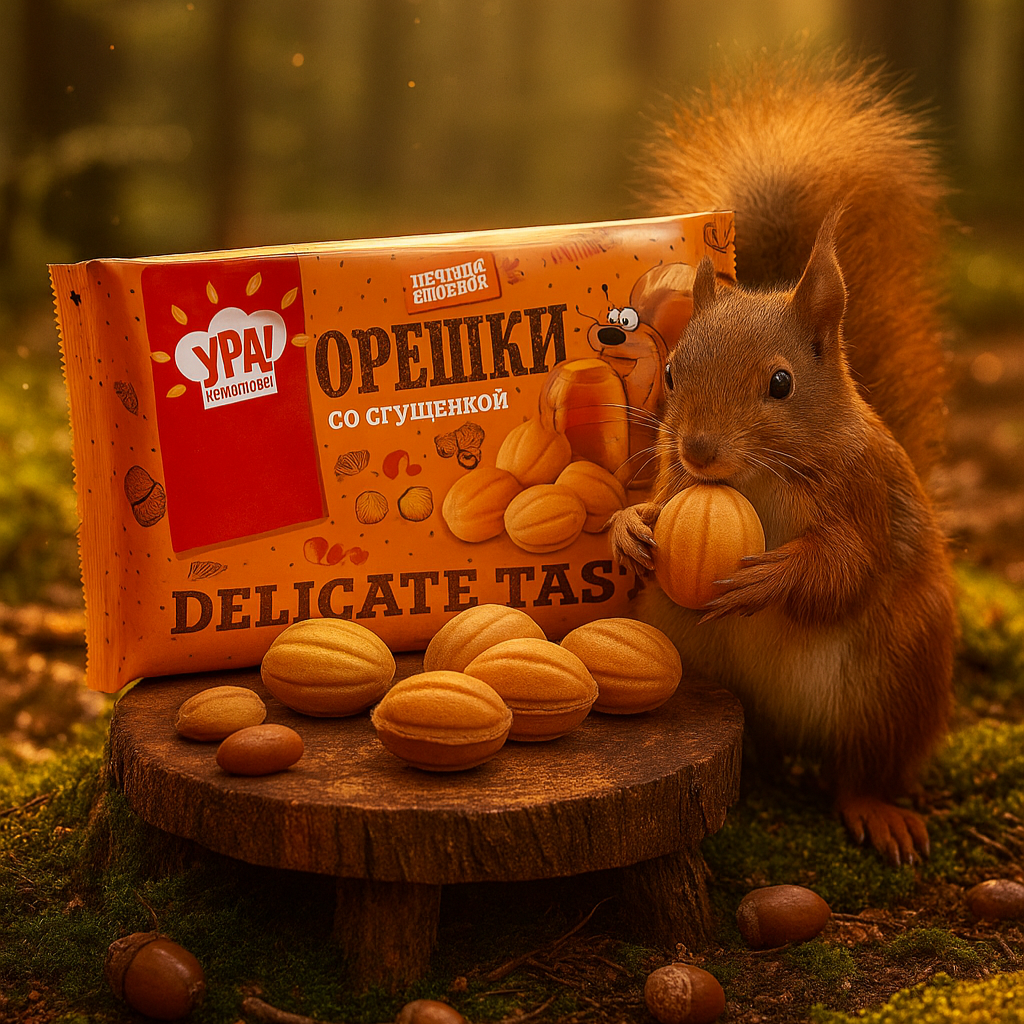 Squirrel holding a pumpkin near a package of nuts in a forest setting