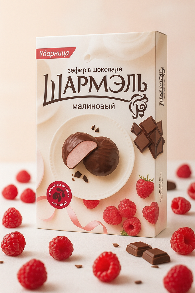 Sharmel raspberry zefir (chocolate-covered marshmallow) on a white surface with raspberries and chocolate pieces