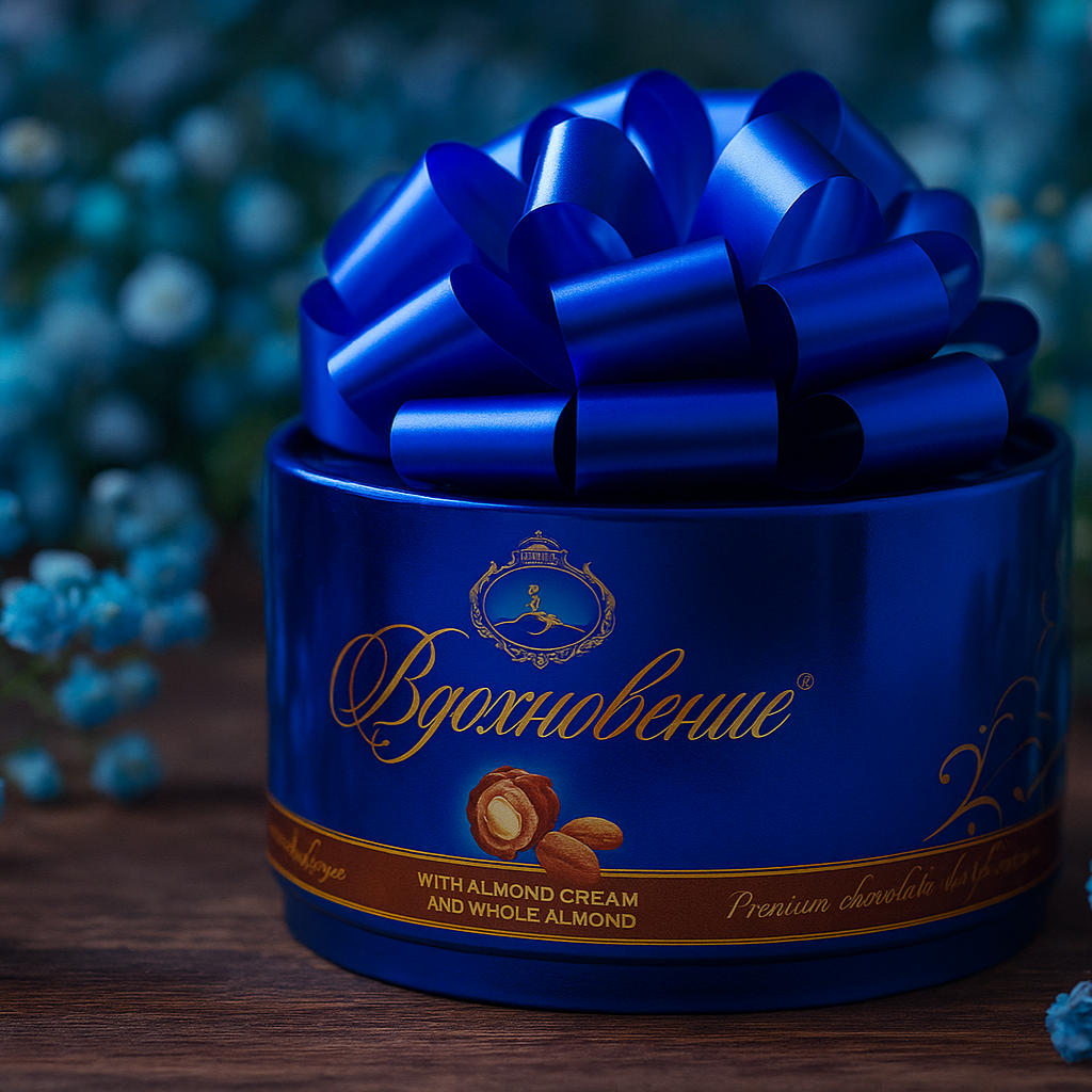 Vdokhnovenie chocolate candy with almond, gift box with a bow on a wooden surface with blue flowers in the background