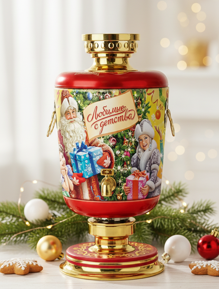 Decorative Christmas-themed vase with gold accents on a white surface with festive decorations.