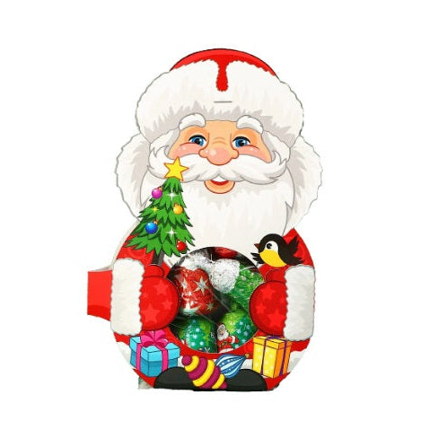 Colorful Santa Claus figure with a Christmas tree, presents, and a bird on a white background